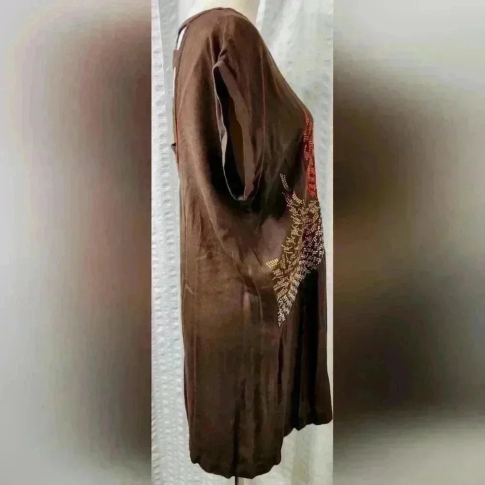 697h Poema Brown Embroidered Wing Shift Dress / Tunic - Size Large - Picture 4 of 6